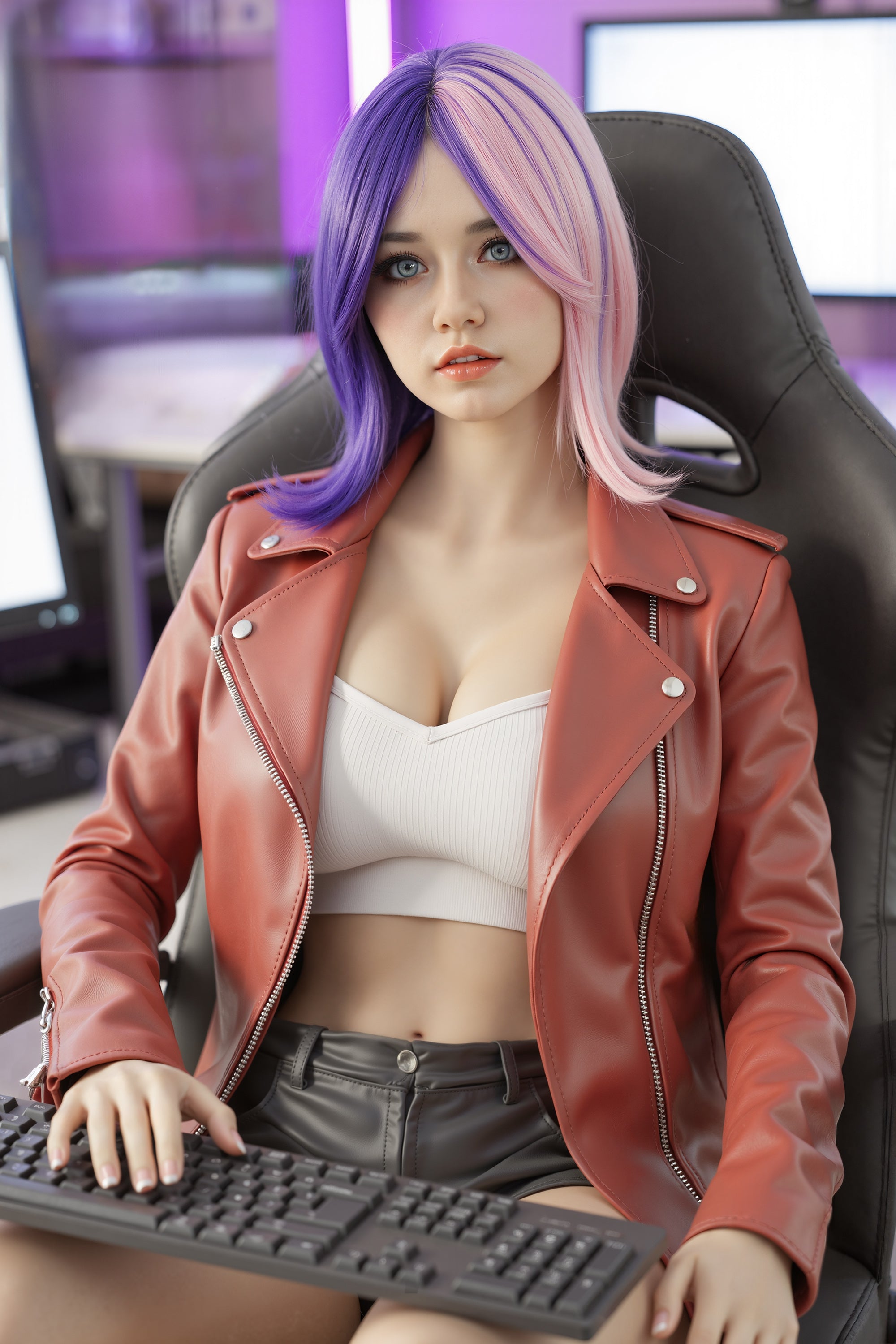 159cm pink purple hair big breast AIBEI doll silicone head + TPE body